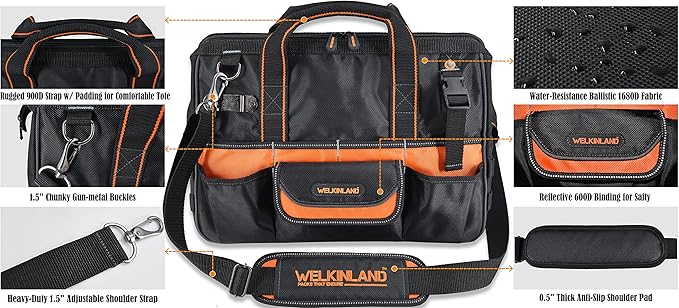 WELKINLAND 16" Tool Bags - 34-Pocket Heavy Duty Open Top Organizer for HVAC & Electricians