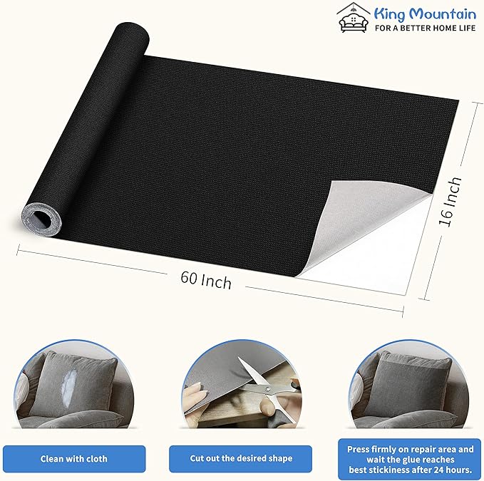 KING MOUNTAIN Canvas Repair Patch 16×60 Inch Self-Adhesive Waterproof Fabric Patch for Sofas, Tents, Furniture,Tote Bags, Car Seats (Black)