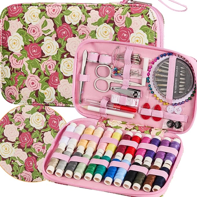 Rose Floral Sewing Kit with 130 PCS Sewing Supplies Accessory, PU Zipper Sewing by Bobode
