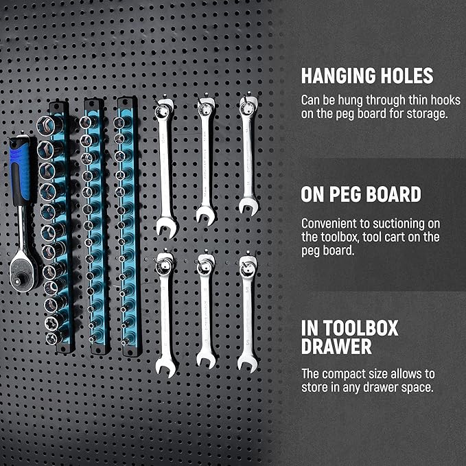 ALOANES Magnetic Socket Organizer Set, 6-Piece Heavy Duty Aluminum Socket Holder Socket Rail Organizer for Tool Box, 360° Swivel Clips Socket Rack 1/4, 3/8, 1/2-Inch x 80 Clips (Aqua Blue)