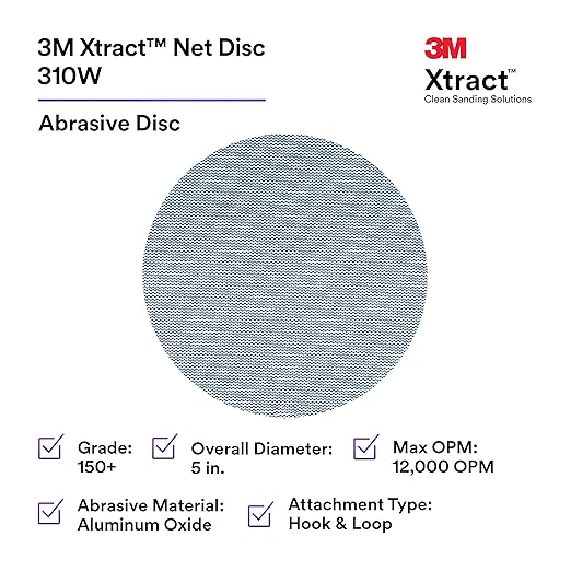 3M Xtract Net Disc 310W, 150+, 5 in, Die 500X, Pack of 50 Hook and Loop Sanding Discs, Virtually Dust-Free, Value Option for Metal, Wood, Composites, Stock Removal, and Fine Finishing