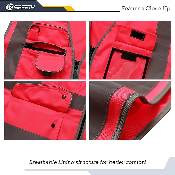 JKSafety 9 Pockets Class 2 High Visibility Zipper Front Safety Vest With Reflective Strips, Meets ANSI/ISEA Standards (Medium, 150-Pink)