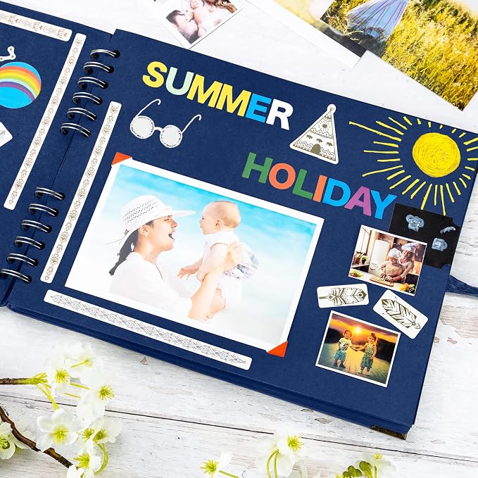 Bstorify Square Scrapbook Photo Albums 50 Pages Blue Thick Paper, Ribbon Closure - Image 5