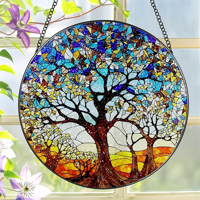 Stained Glass Window Hanging, LAOWEIKI 8'' Tree of Life Suncatcher, Stained by Unknown