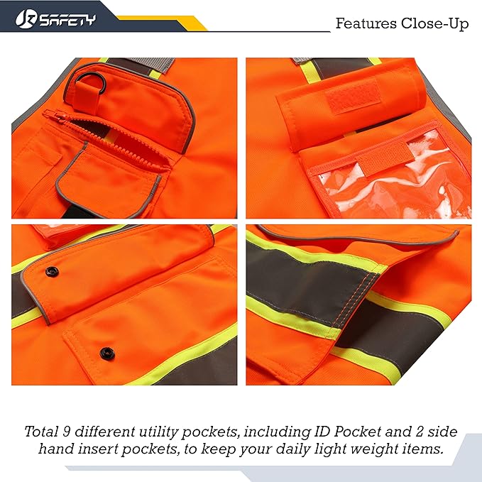 JKSafety 9 Pockets Hi-Vis Neon Orange Color Zipper Front Safety Vest with Fluorescent Yellow Extend Edge outlining the Reflective Tapes Meet ANSI/ISEA Class 2 Standard (901-Orange, 5X-Large)