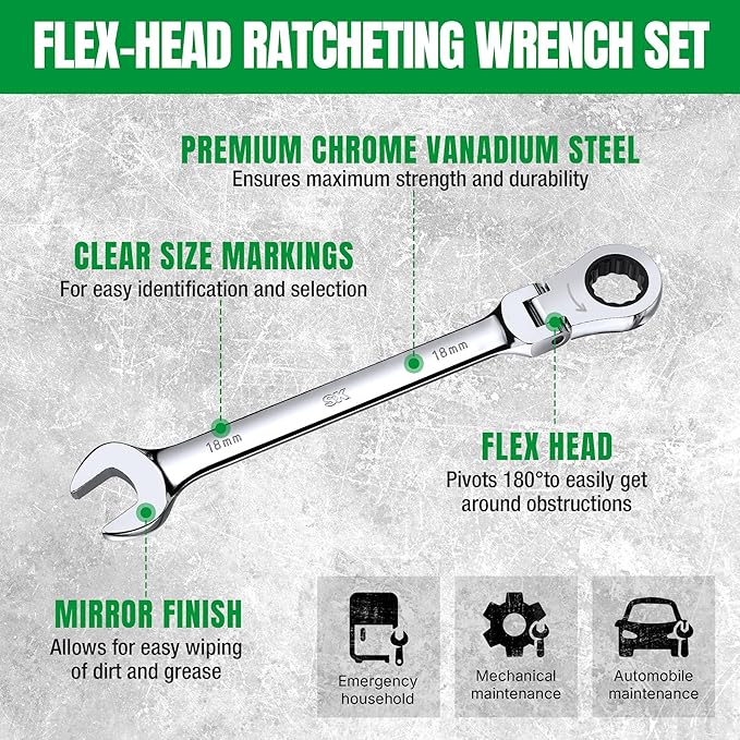 SK Flex-Head Ratcheting Wrench Set, Combination Wrench Set, 12-Piece, Metric 8 to 19mm, 72-Tooth, Premium CR-V Construction, with Rack Organizer