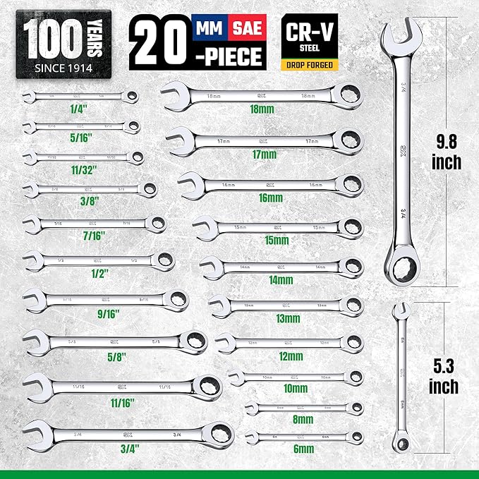 SK Ratcheting Wrench Set, Combination Wrench Set, 20-Piece, SAE 1/4" to 3/4", Metric 6 to 18mm, 72-Tooth, Premium CR-V Construction, with Rolling Pouch