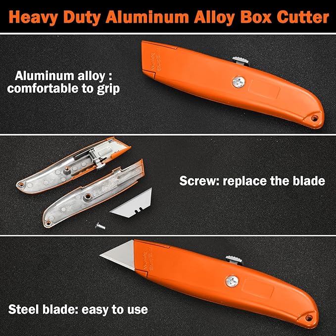Reginary 20 Pcs Box Cutter Bulk Retractable Utility Knife Heavy Duty Aluminum Alloy Razor Knife for Cardboard Box Carton Opener for DIY, Factory, Home Office(Orange)
