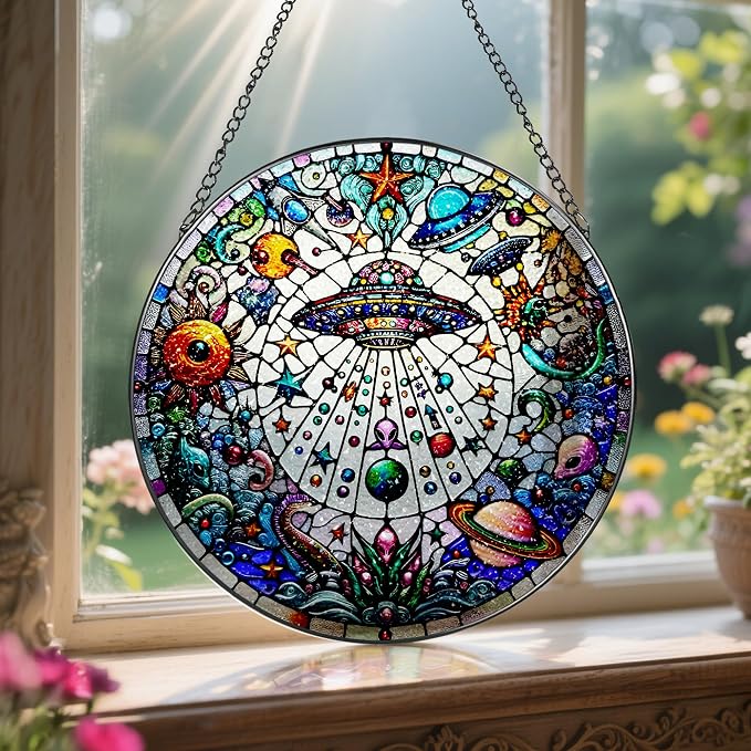 Stained Glass Window Hanging, LAOWEIKI 8'' UFO&Alien Suncatcher, Stained Glass - Image 5