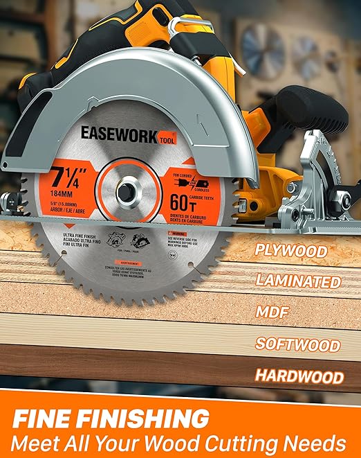 EASEWORK 7-1/4 Inch Circular Saw Blade, 60T, 5/8" Arbor, ATB TCT, 3-Pack, Ultra-Fine Finishing for Softwood & Hardwood Crosscutting, Fits DEWALT DCS570B, DCS577B, DWA171460, Diablo D0760A