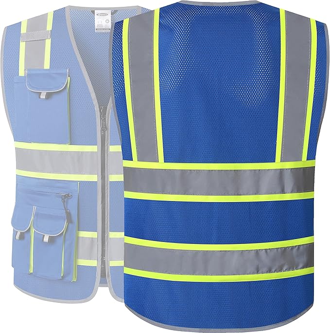 JKSafety 10 Pockets Hi-Vis Neon Color Frontal Zipper Mesh Safety Vest for Men Women Safety Utility for works Comply to ANSI/ISEA Standards (86-Blue XL)