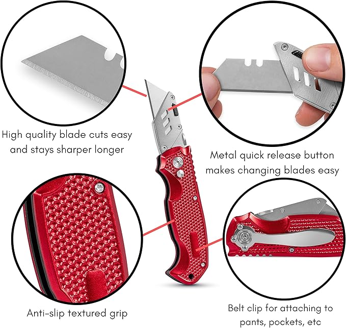 BirdRock Home Premium Folding Utility Knife – Small Compact Pocket – Folding Box Cutter Tool – 3 Extra Razor Blades – Cut Cardboard Boxes – Locking Safety Knife Set – Heavy Duty