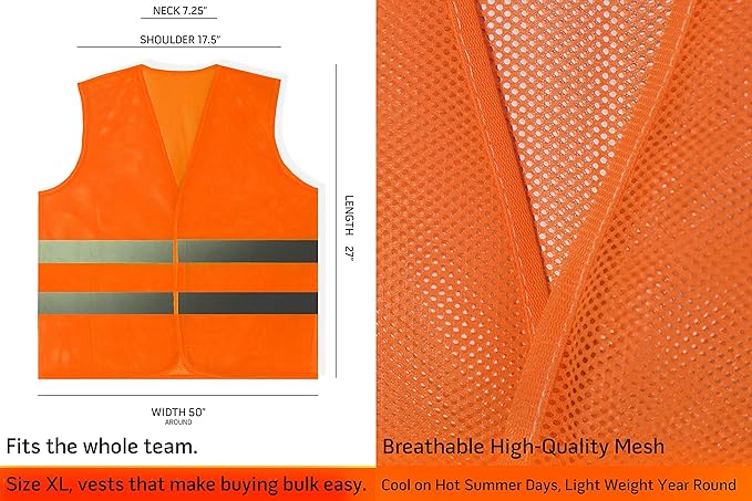 PeerBasics Safety Vests 20 Pack - Orange Reflective High Visibility, Men Women