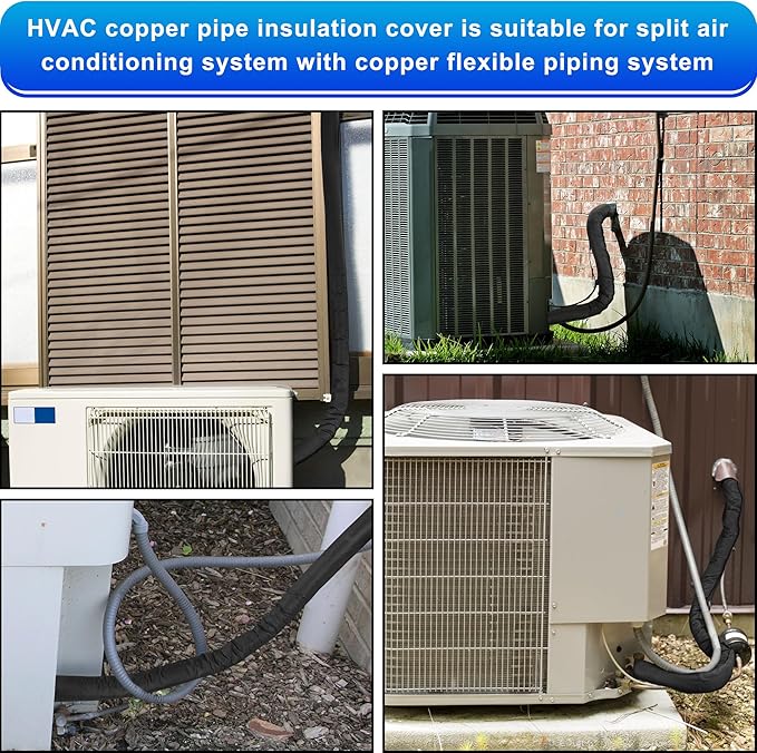 3 Layers HVAC Copper Pipe Insulation Cover Protector,Flexible AC Copper Line Insulation Sleeve,600D Oxford 72x10.2 Inch AC Pipe Insulation Wrap for Outside Central Air Conditioning Splits Black
