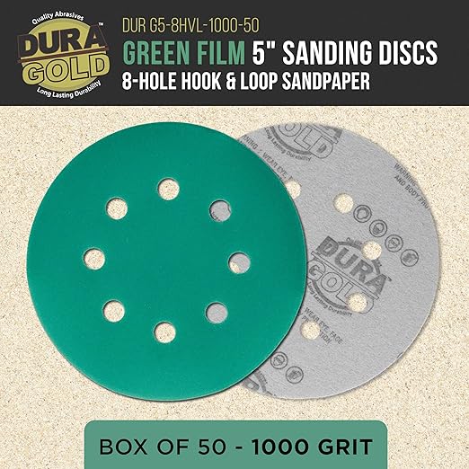 Dura-Gold Premium 1000 Grit 5" Green Film Sanding Discs, 8-Hole Pattern, Box of 50 - Dustless Hook & Loop Backing Sandpaper for DA & Random Orbital Sander, Detail Color Sand Auto Paint Wood Furniture