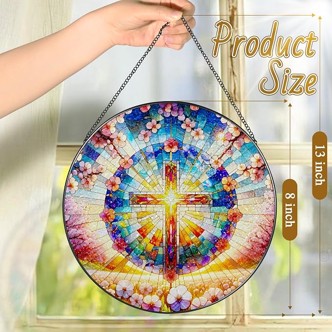 8 Inches Cross Stained Glass Suncatcher, Stained Glass Window Hanging, - Image 4