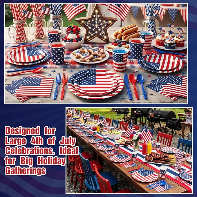 450 Pcs 4th of July Patriotic Tableware Set Decorations USA Red White Blue - Image 5