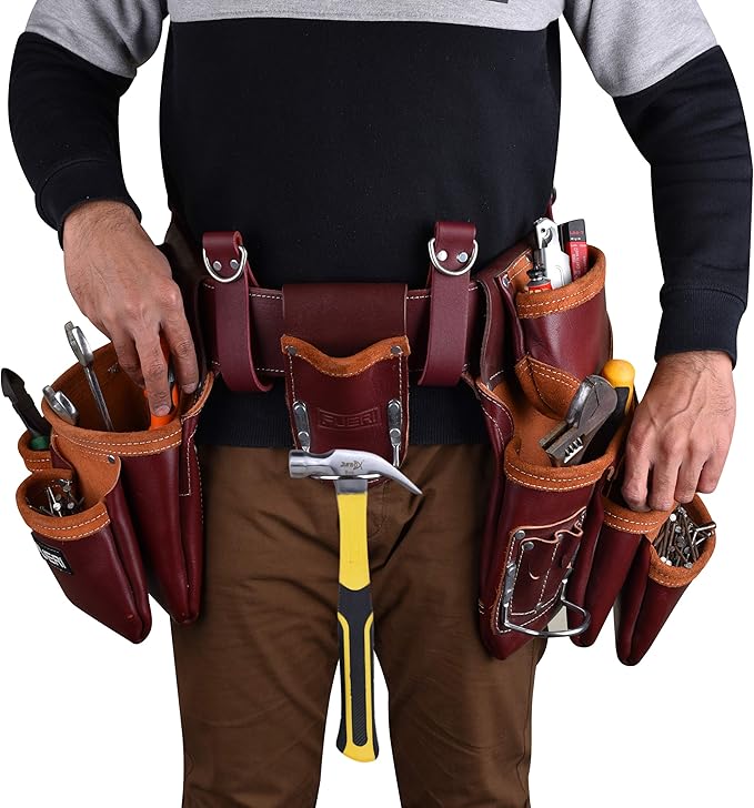 Heavy Duty 19 Pocket Leather Tool Belt Multipurpose Pockets Work Organizer Pouch Framing Fat Lip Tool Holder for Carpenter, Construction, Handyman, and Electrician Tool Belt Set