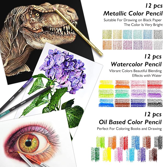 Caliart 176PCS Art Supplies Sketching Kit, 100 Sheets 3-Color Sketch Book | - Image 3