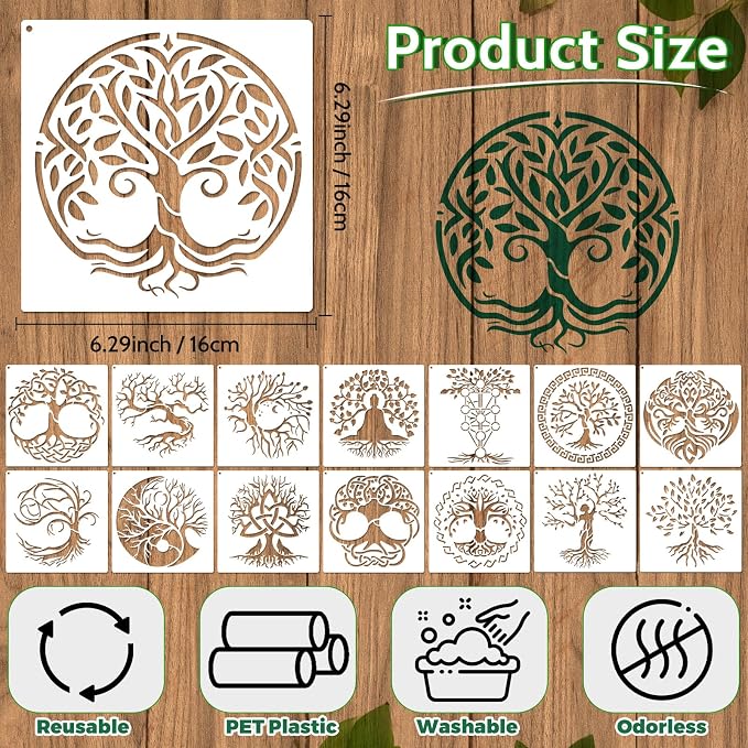 Yazhiji 15Pcs 6 x 6 Inch Tree of Life Stencil, Reusable Stencils - Image 2