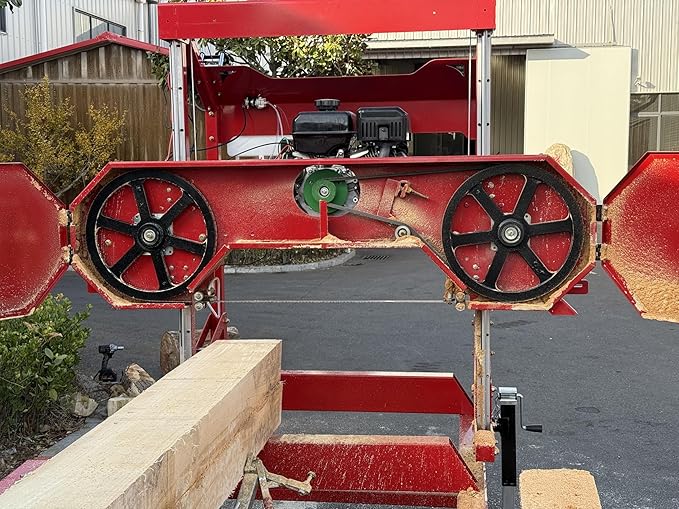 15HP Portable Sawmill - 420cc Gas Engine, 32” x 188.74” Cutting Capacity, 12-8 High Speed Tire, 8 jacks, Heavy-Duty Steel, 2 safety hooks, Quick-Adjust Sawhead - Ideal for Home, Farm & Business