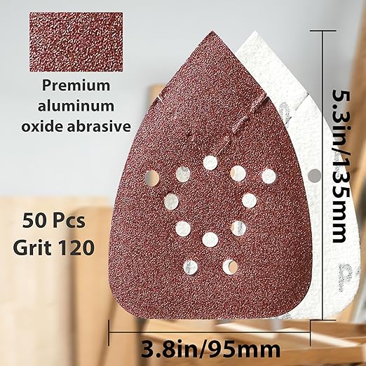 S&F STEAD & FAST Mouse Sander Pads 120 Grit 50 Pack, Mouse Sandpaper for Black and Decker Sander, 12 Hole Hook and Loop Sanding Pads, Detail Palm Sand Paper Set with Tack Cloth