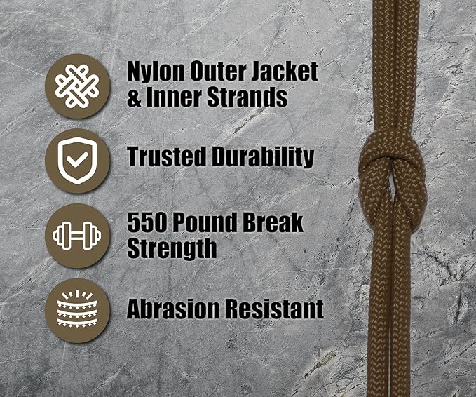 BORED? PARACORD! 550 lb Paracord - Ideal for Crafting, Camping, DIY Projects, Active & Military Outdoors - Strong Survival Rope - Tactical Parachute Cord Type III - Coyote Brown 250 Feet