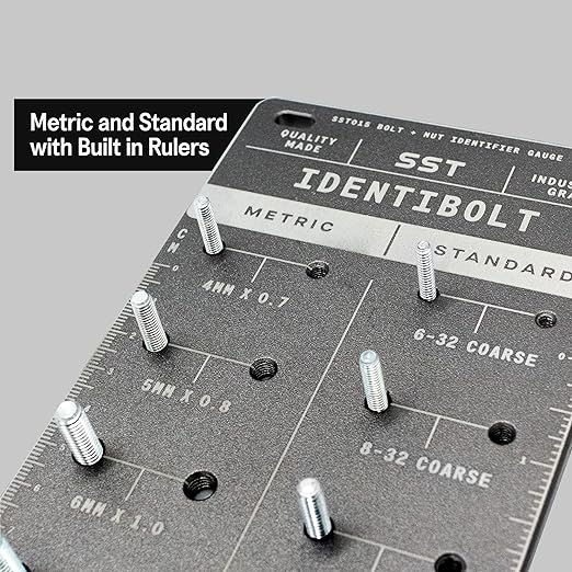 SST - Original Identibolt - Precise Threadchecker and Wall Mount - Imperial SAE and Metric Threads - 28 Nuts & Bolts Identifier - from #6 to ½ & 4mm to 14mm - in. and Cm. Rulers - Made in USA