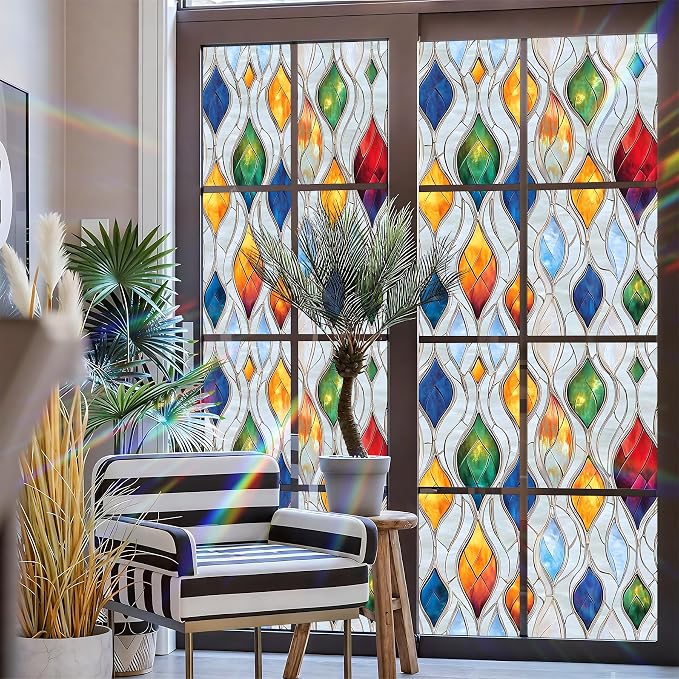 Stained Glass Window Privacy Film: Non-Adhesive Sun and Landscape Mosaic Design - Image 3