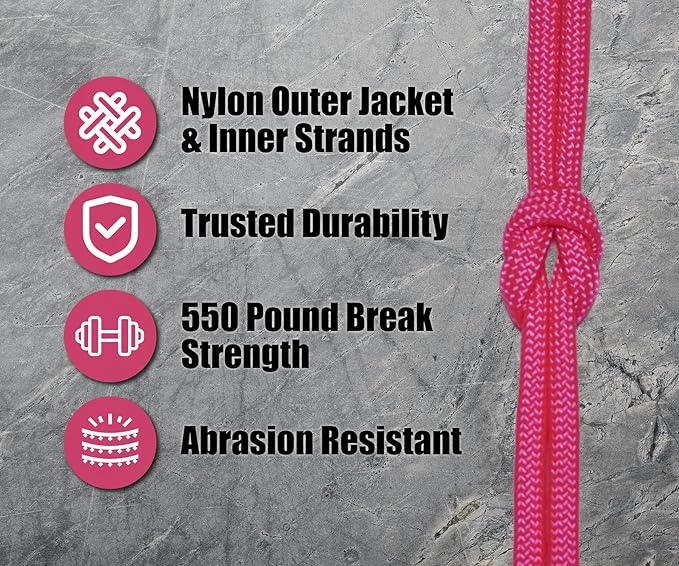 BORED? PARACORD! 550 lb Paracord - Ideal for Crafting, Camping, DIY Projects, Active & Military Outdoors - Strong Survival Rope - Tactical Parachute Cord Type III - Neon Pink 100 Feet