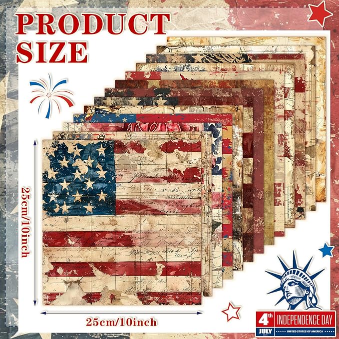 HunnmingRe 20 Pcs 10x10'' Vintage Patriotic Quilting Fabric Square Red White - Image 2