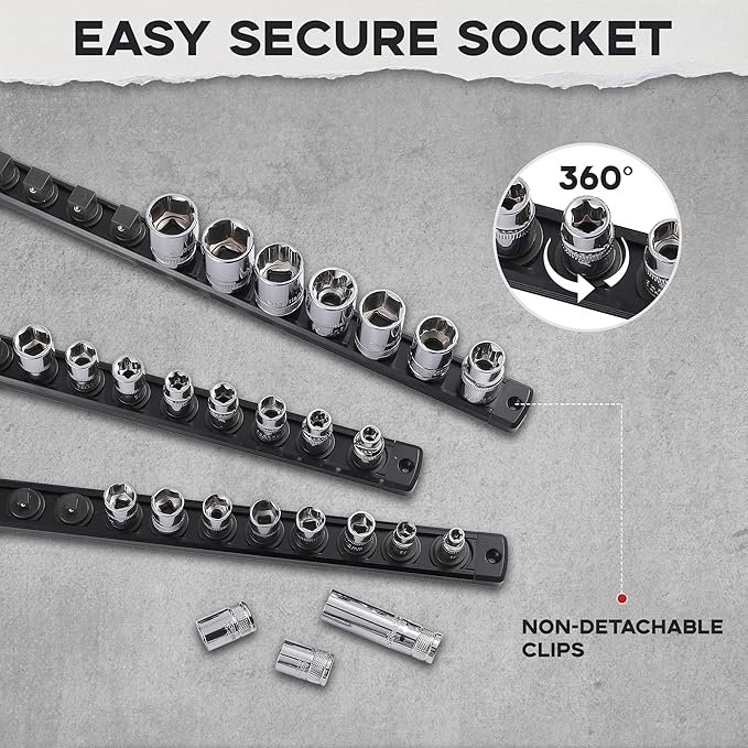 3-Piece Magnetic Socket Organizer, Heavy Duty Aluminum Socket Rails Organizer, 360° Swivel Clips Socket Holder Kit for Tool Box, 1/2, 3/8, 1/4-Inch Socket Holder x 40 Clips (Black)
