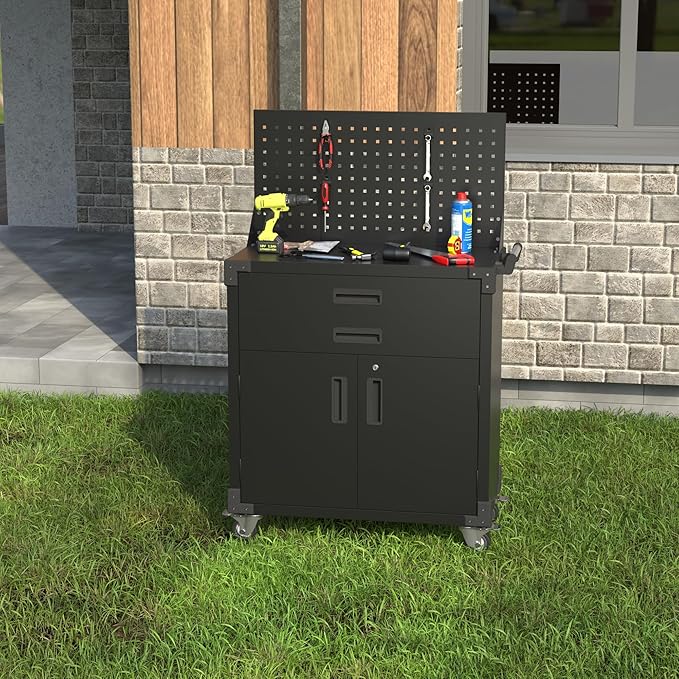 Black Tool Cart with Pegboard and 4 Hooks,Garage Storage Cabinet on Wheels with 2 Drawer,Industrial Service Utility Tool Cart for Mechanics, Garage, Workshop
