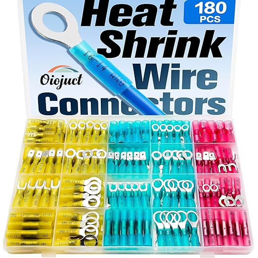 180Pcs Heat Shrink Wire Connectors Kit - Waterproof Marine Automotive Battery Electrical Crimp Terminals Set, Ring Fork Spade Butt Splices