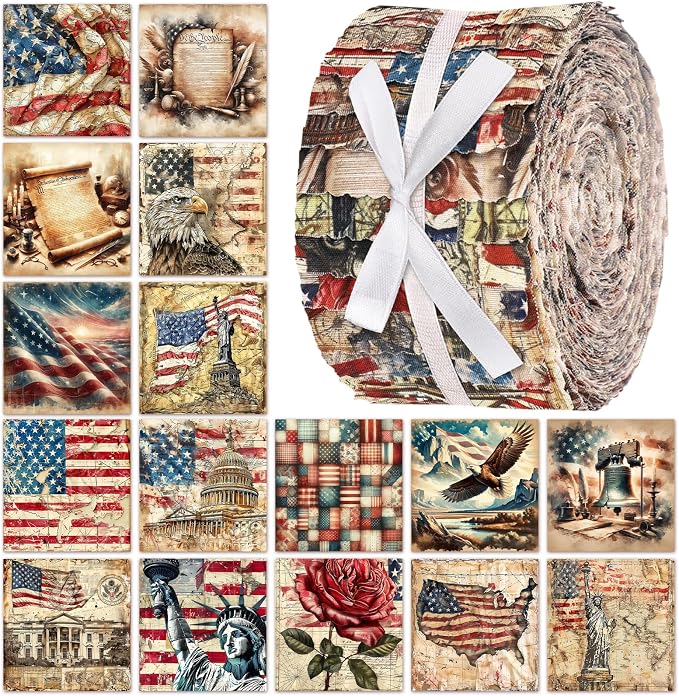 Hosuly 40 Pcs Vintage Patriotic Quilting Fabric Roll Red White Blue Americana by Hosuly