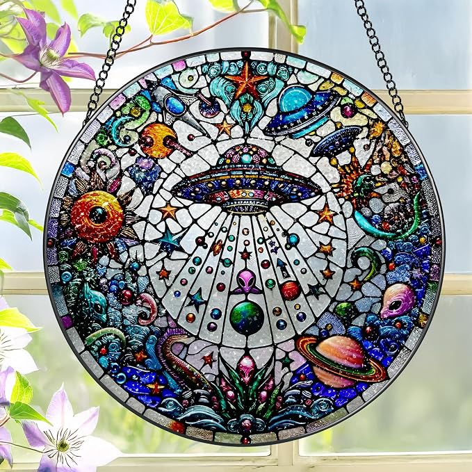 Stained Glass Window Hanging, LAOWEIKI 8'' UFO&Alien Suncatcher, Stained Glass by Unknown