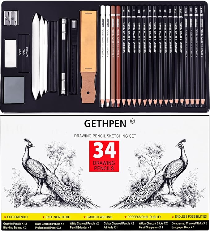 GETHPEN 34Pcs Sketch Drawing Kit, Graphite 14B-4H Charcoal Pencils Sticks | by GETHPEN