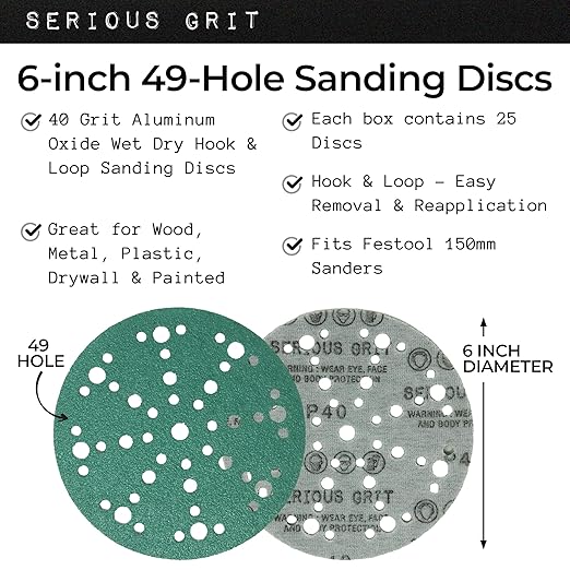 6-Inch 49-Hole 40 Grit Sanding Discs - Heavy-Duty Hook & Loop Film Discs - Sandpaper for Random Orbital Sanders - 25 Pack Box