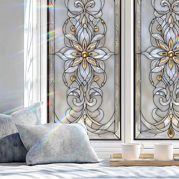 Stained Glass Window Privacy Film: Non-Adhesive Sun and Landscape Mosaic Design - Image 4