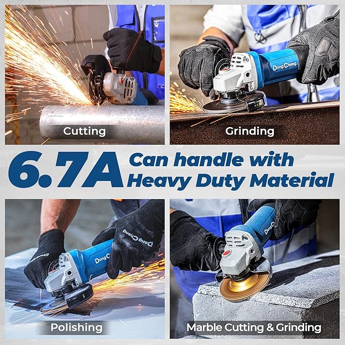 DongCheng Angle Grinder 4-1/2 inch 6.7-Amp Paddle Switch 11800RPM Power Electric Grinder Tools with Cutting & Grinding Wheels, Flap Discs, Auxiliary Handle for Metal & Rust Removal, Beginner-Friendly