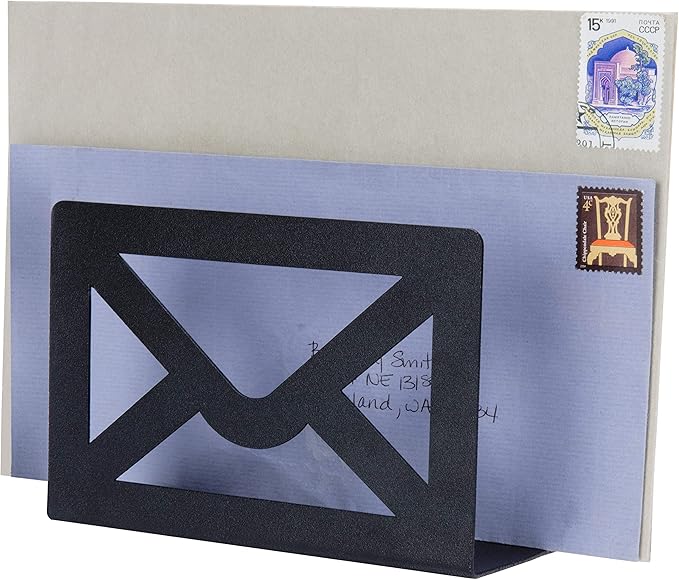 MyGift Black Metal Desktop Mail Holder with Cutout Envelope Design Home and Office Desk Letter Organizer