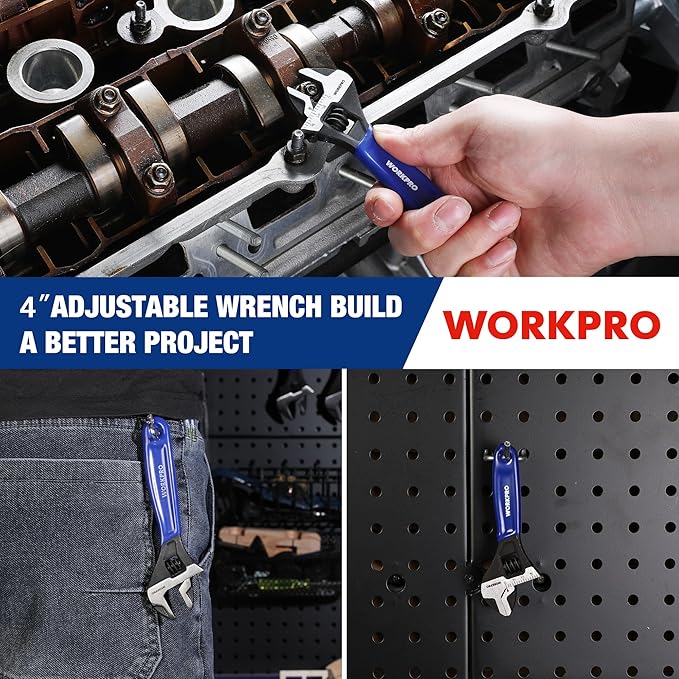 WORKPRO 4-Inch Mini Adjustable Wrench, Cr-V Steel Wide Jaw Black Oxide Wrench for Small Nuts, Metric & SAE Scales, for Home, Workshop and DIY