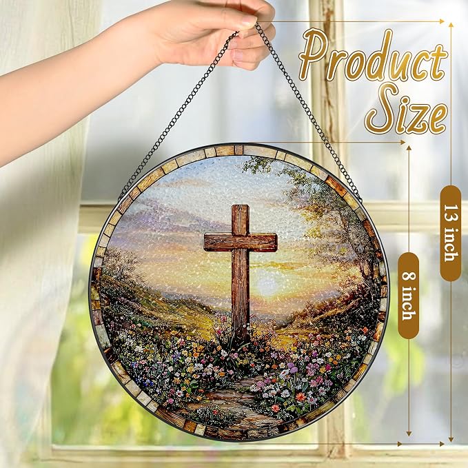 8 Inches Cross Sunset Stained Glass Suncatcher, Christmas Ornament, Window - Image 4