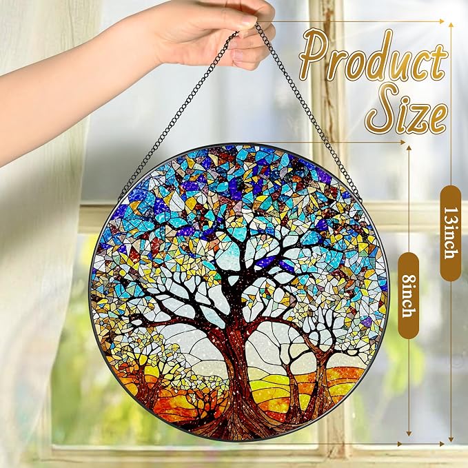 Stained Glass Window Hanging, LAOWEIKI 8'' Tree of Life Suncatcher, Stained - Image 4