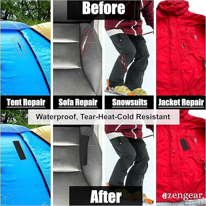 aZengear Repair Patches - Waterproof, Self-Adhesive, Tear-Cold-Heat-Resistant Polyester Fabric to Fix Down Jacket, Puffer, Snowsuit, Shoe, Tent, PVC, Clothing, Upholstery (Black (2 Strips))