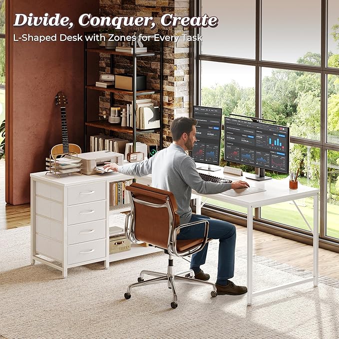 PRAISUN 53" L Shaped Desk with Power Outlets & USB-C Port, Reversible Computer - Image 3