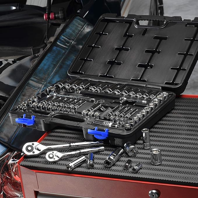 EPAuto 69 Pieces - 1/4" & 3/8" Drive Socket Set with Pear Head Ratchet, Chrome (92-824)