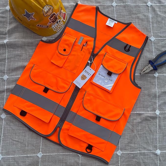TCCFCCT High Visibility Vest 9 Pockets Hi Vis Reflective Safety Vest for Men Women, Construction Vest with Reinforced Sewing, Durable to Use, Meets ANSI/ISEA Standards, (Orange, 4X-Large)