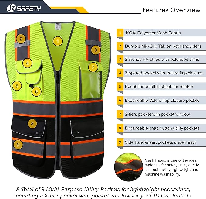 JKSafety 9 Pockets Class 2 High Visibility Dual Color Zipper Front MESH Lite Safety Vest | Orange Color Triming Reflective Strip | ANSI/ISEA Standards (100-Yellow-Black, XL)