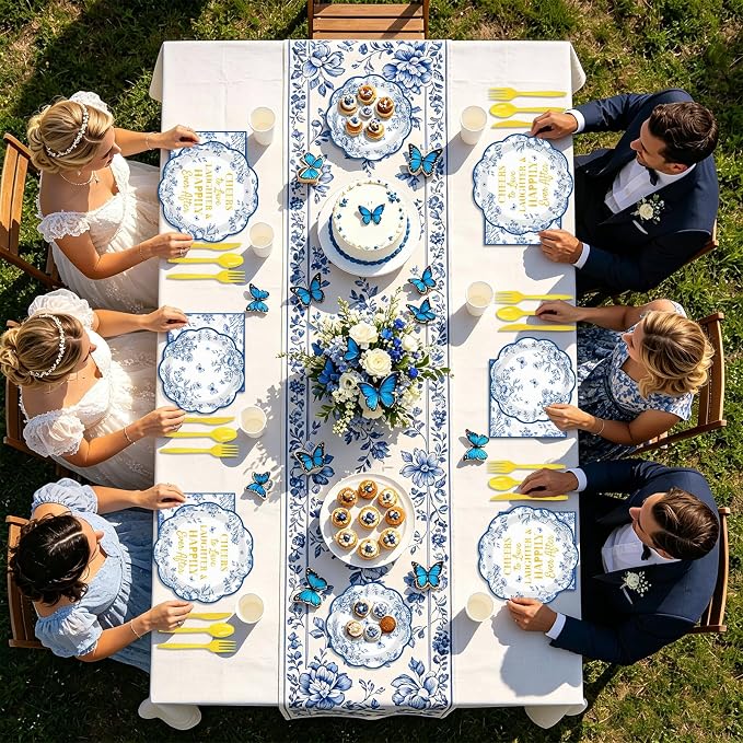 168Pcs Blue Floral Plates Blue Toile Scalloped Plates and Napkins Serves 24 | - Image 6